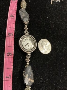 Silver-Tone Gray Stone Beaded Watch Bracelet